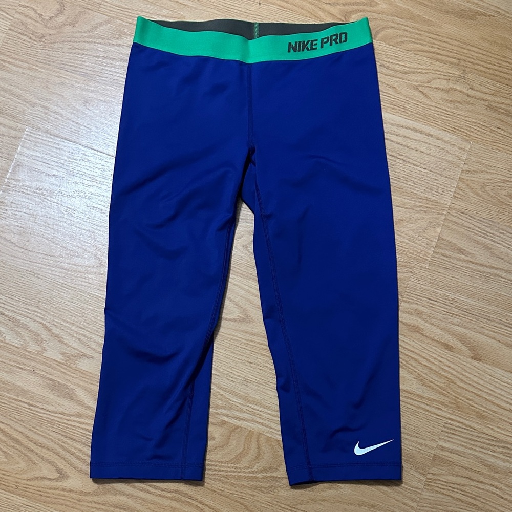 Nike Pro Capri Leggings Blue with Green Waistband size medium